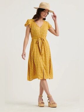 Lucky Brand Yellow Floral Tie-Waist Midi Dress